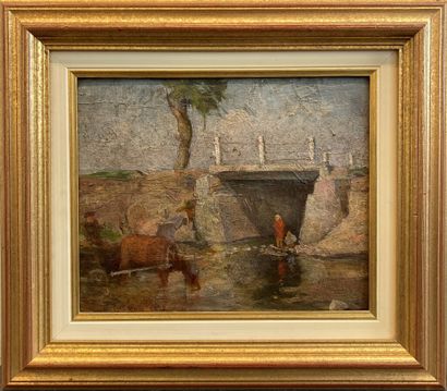 Modern school.
Landscape with a small bridge,...