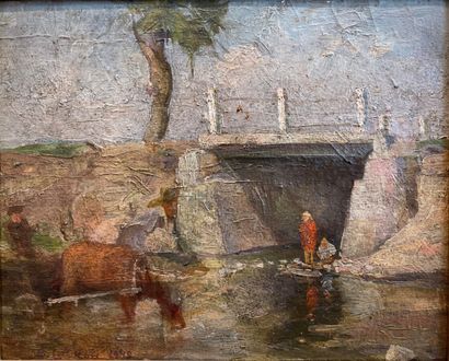 Modern school.
Landscape with a small bridge,...