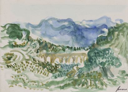 Jean FUSARO (né en 1925).
Paysage au viaduc.
Aquarelle...