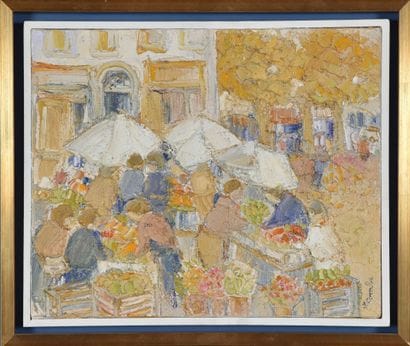 Jeannine COMBE (Née en 1938).
Le marché.
Huile...