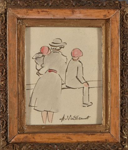 Auguste VUILLEMOT (1883-1970).
Mère et enfants.
Aquarelle...