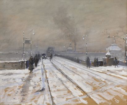 Henri PROST (1874-1959).
Pont en hiver.
Gouache...