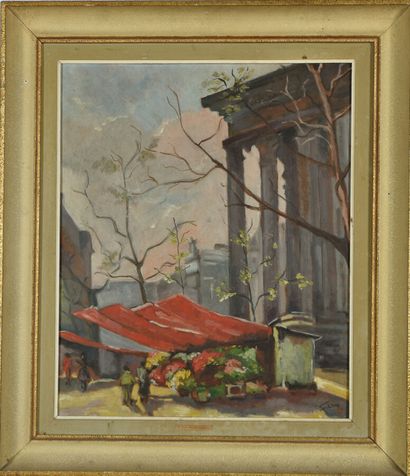 Jean LONG (XXème).
Fleuriste devant la Madeleine.
Huile...