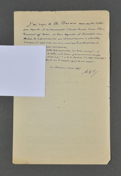 [Charles DARWIN]. Alexis GIRAUD-TEULON.
Note...