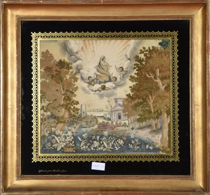 Broderie polychrome sur soie figurant l'Assomption...