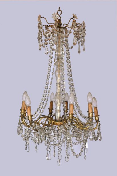 Lustre cage en bronze ciselé et doré, laiton...