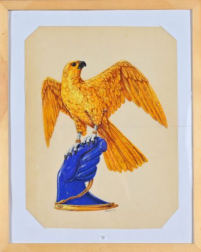 Philippe DELOISON (20th). 
Falcon in gold,...