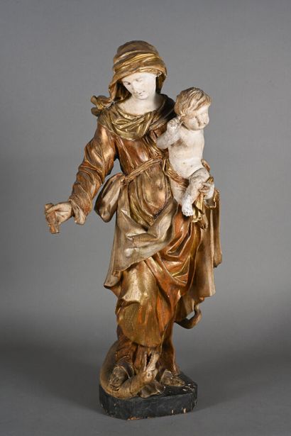 Vierge à l'enfant en bois sculpté polychromé...