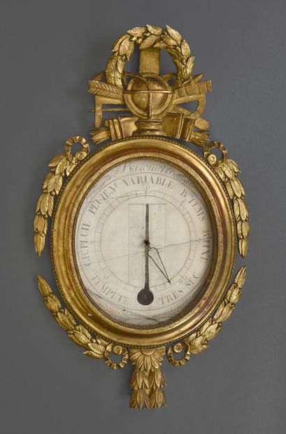 Baromètre thermomètre en bois sculpté et...