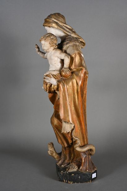 Vierge à l'enfant en bois sculpté polychromé...