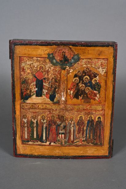 Icône sur bois à décor polychrome et or de...