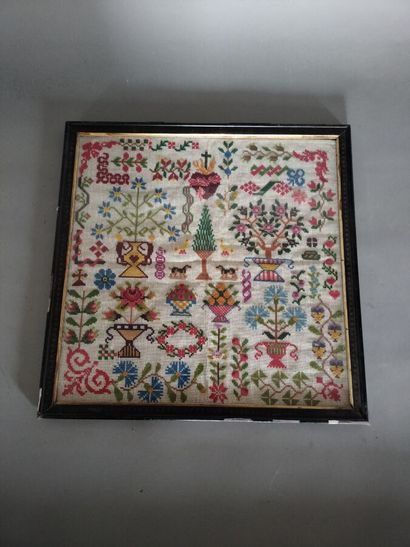 Four small-stitch or miscellaneous embroideries...