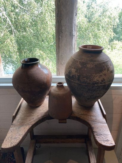 FRANCE. Two jars and a pot in glazed earthenware,...