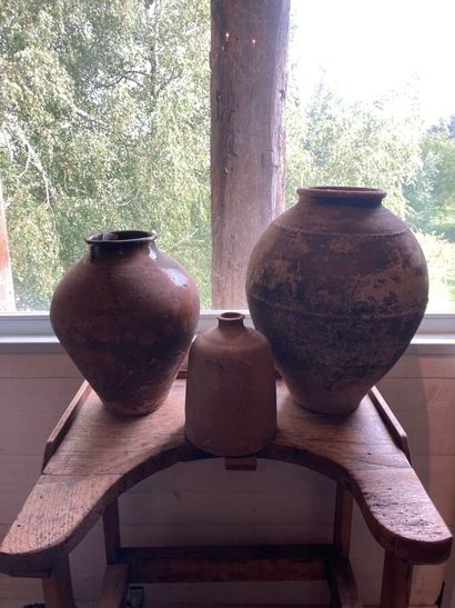 FRANCE. Two jars and a pot in glazed earthenware,...