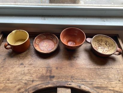 Set of four glazed potteries: a bowl, a plate...