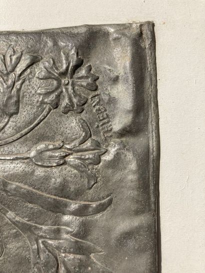 Art Nouveau, repoussé pewter plate decorated...