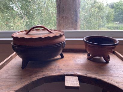 Large glazed and jaspered earthenware daubière,...