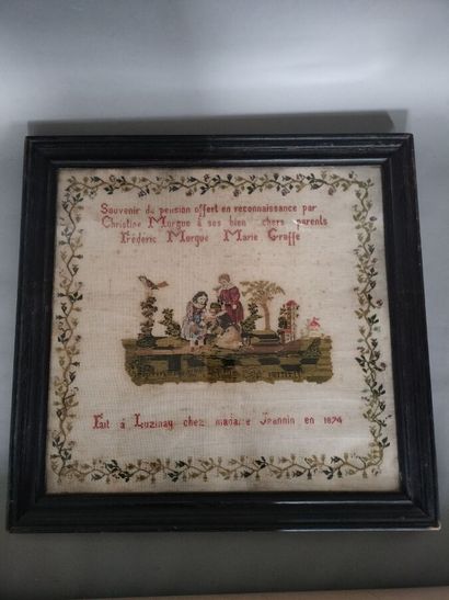 Four embroideries in various stitches, decorated...