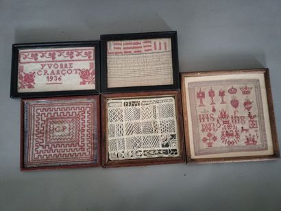 Five embroideries in various stitches, one...