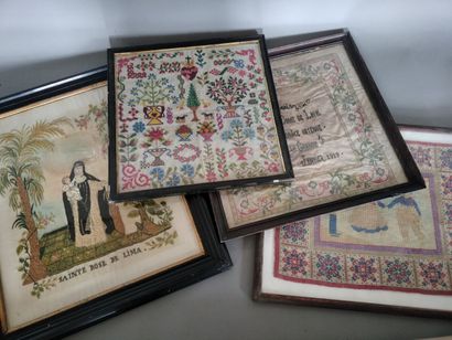 Four small-stitch or miscellaneous embroideries...