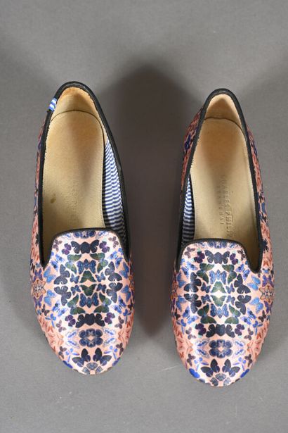 CHARLES PHILIP. Pair of pink silk slippers...