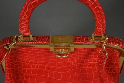 DIOR. Clasp bag in red crocodile-style leather,...