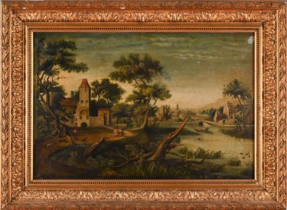 19th century French school
Animated landscape
Oil...