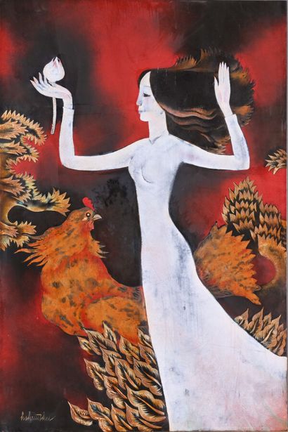 HO HU THU (b. 1942)
Young girl with rooster
Lacquer...