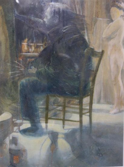Ecole contemporaine.
Le peintre et le modèle.
Technique...