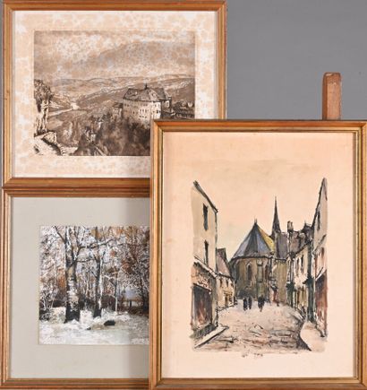 Lot comprenant :
- une aquarelle et gouache...
