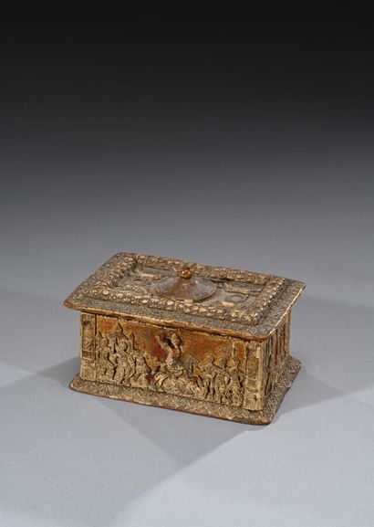 Rare coffret tirelire à âme en bois, orné...
