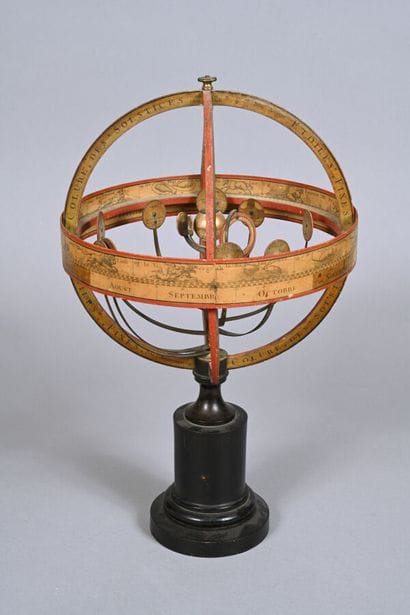 Sphère armillaire planétaire en bois, laiton,...