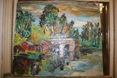 Huile sur toile, paysage aux maisons rouges,...