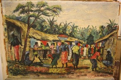 Marché africain, Huile sur toile, signée...