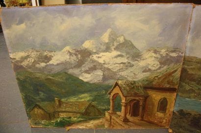 Paysage de montagne, Huile sur isorel, signée...