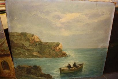 Pêcheur dans une barque, Huile sur isorel,...