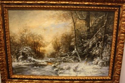 Paysage sous bois enneigé, huile sur toile,...