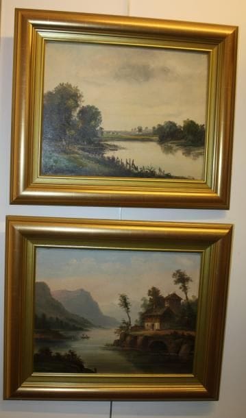 Paysage animé en pendant, Huile sur toile,...