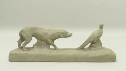 Groupe en plâtre représentant un braque à...