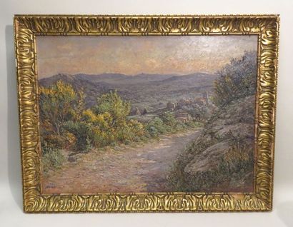 GIRAUD (Xxème). Vue de village. Huile sur...