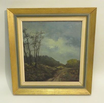 THUNUS ? (Xxème). Paysage au chemin. Huile...
