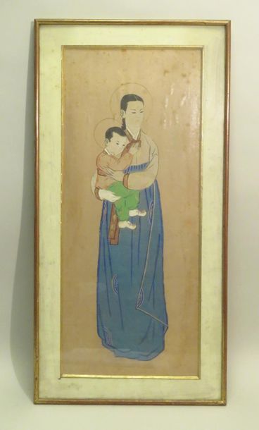 Femme et son enfant auréolés. Aquarelle,...