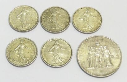 Lot de cinq pièces de 5 Francs argent 