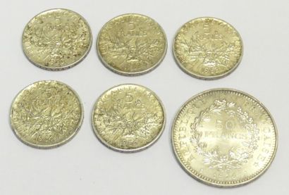Lot de cinq pièces de 5 Francs argent 