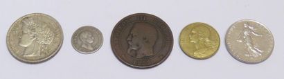 FRANCE

Ensemble de 5 monnaies dont 2 francs...