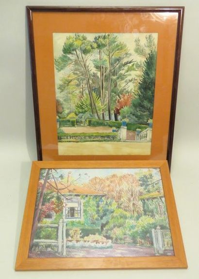 Vue de jardin/d'habitation. Lot de deux aquarelles...