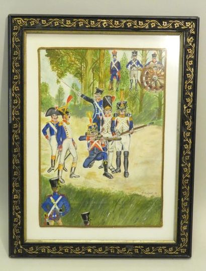 A.M. HUGONET (Xxème). Soldats, 1992. Aquarelle...
