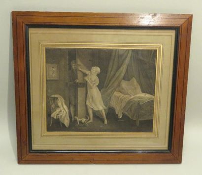 Scène indiscrète. Gravure en grisaille encadrée....