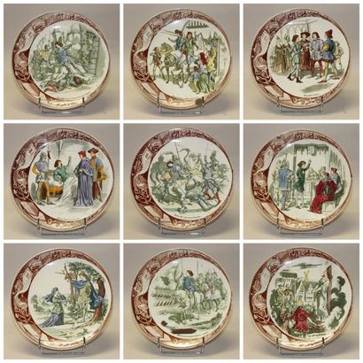 Suite de neuf assiettes en faënce de SARREGUEMINES...