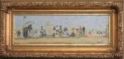 Joseph LAMONT (Xxème). Plage. Huile sur panneau,...